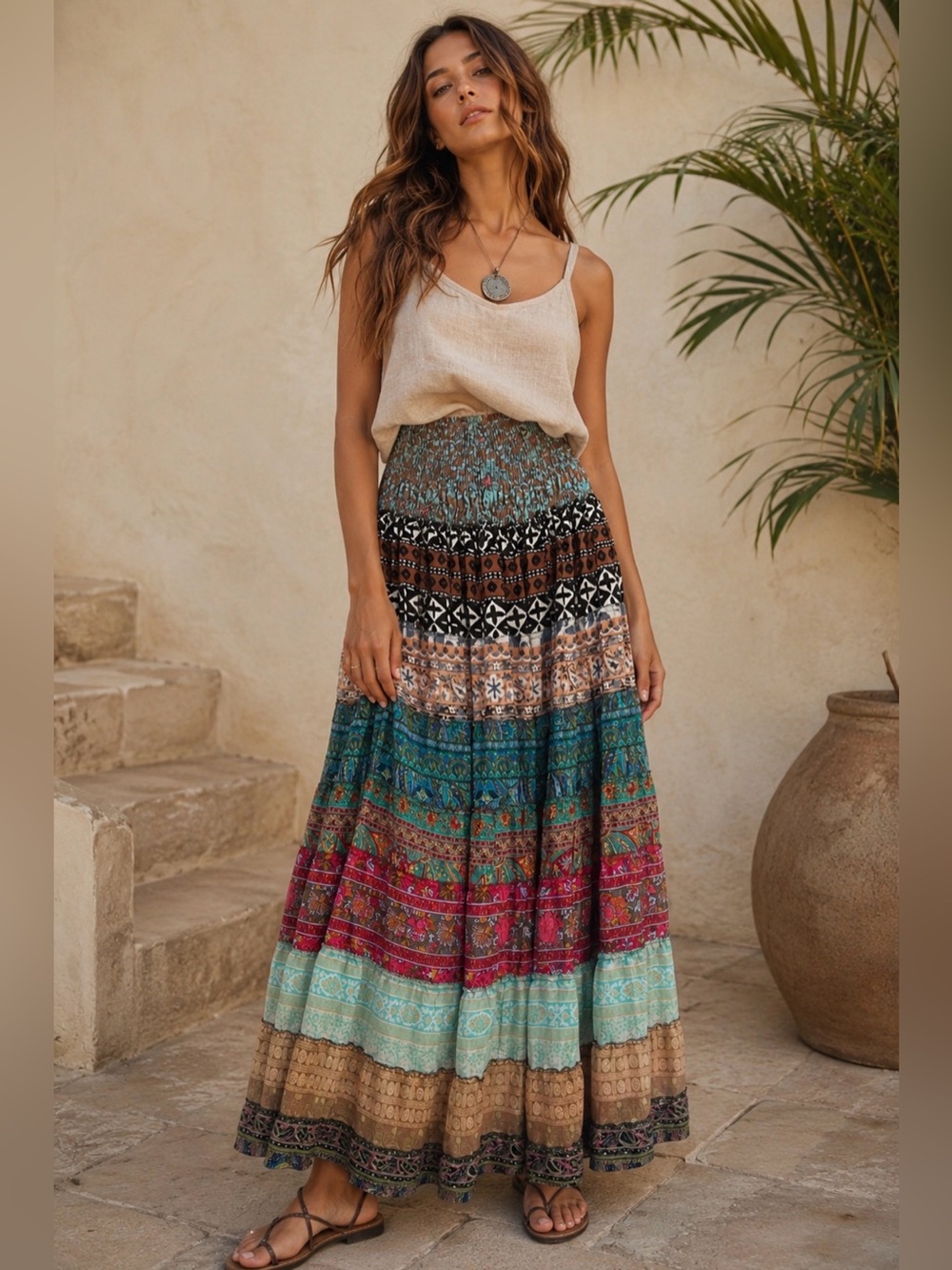 Multi-Color Silk Blend Floral Patchwork Tiered Ruffle Skirt Free Size Gypsy Boho